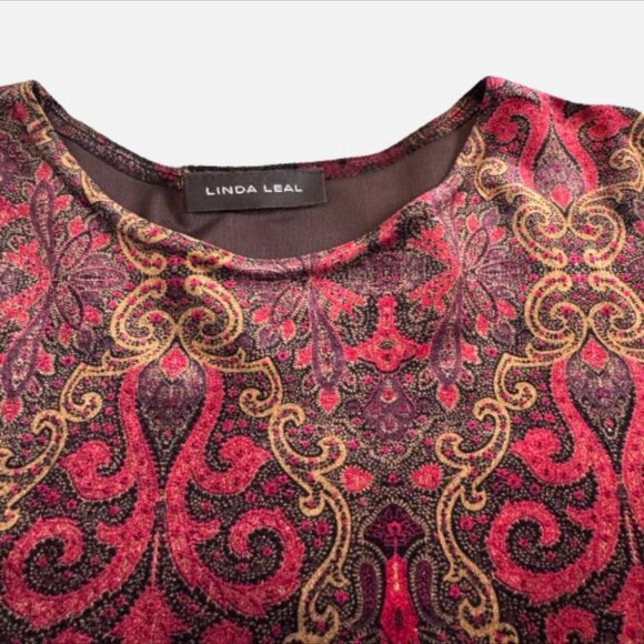 Linda Leal Velvet Tunic Top Paisley Red Gold Print Long Sleeve Women's (Size L) - Picture 2 of 8